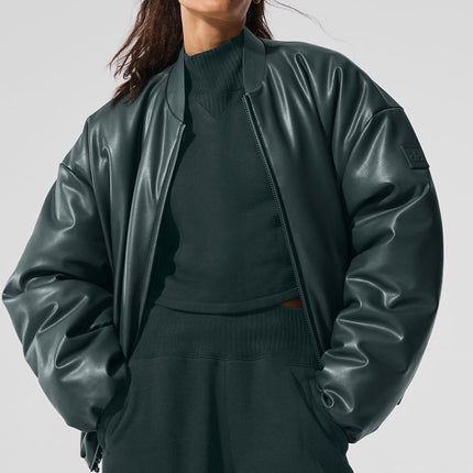 alo Women's Faux Leather Premier Bomber - Charcoal Green