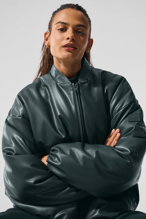 alo Women's Faux Leather Premier Bomber - Charcoal Green