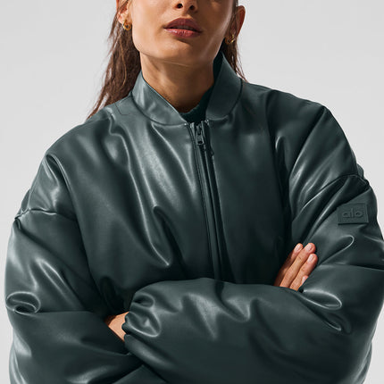 alo Women's Faux Leather Premier Bomber - Charcoal Green