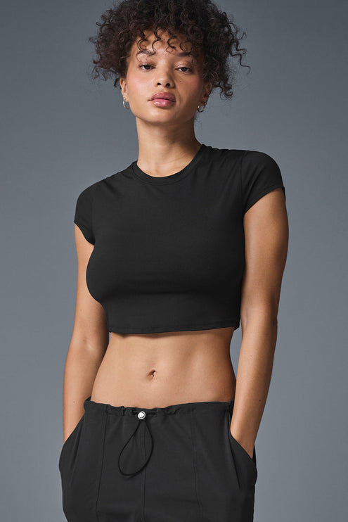 alo Women's Alosoft Crop Finesse Short Sleeve - Black