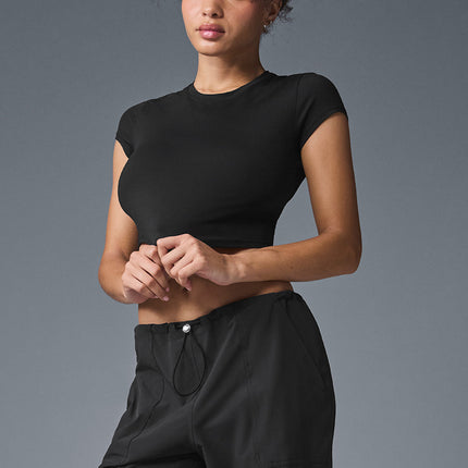alo Women's Alosoft Crop Finesse Short Sleeve - Black