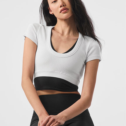 alo Women's Seamless Ribbed Cropped Serene Short Sleeve - White
