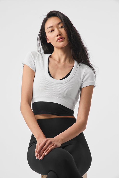 alo Women's Seamless Ribbed Cropped Serene Short Sleeve - White