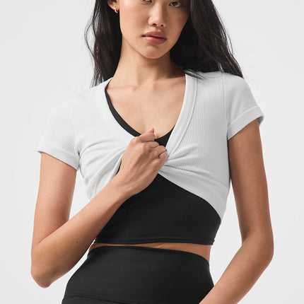 alo Women's Seamless Ribbed Cropped Serene Short Sleeve - White