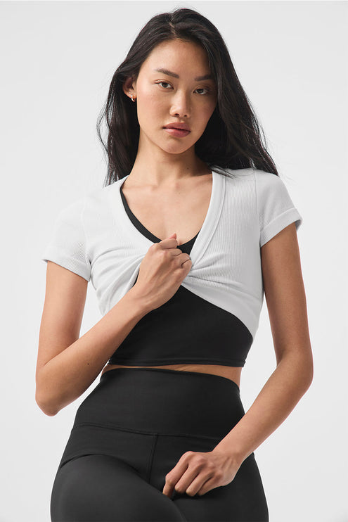 alo Women's Seamless Ribbed Cropped Serene Short Sleeve - White