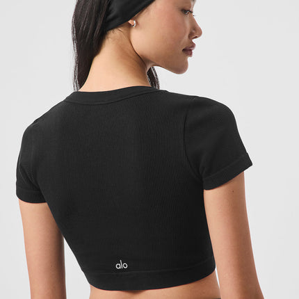 alo Women's Seamless Ribbed Cropped Serene Short Sleeve - Black
