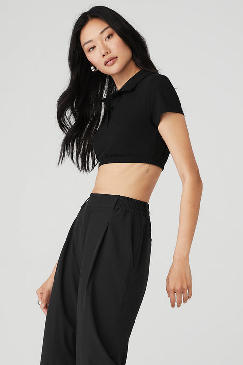 alo Women's Cropped Prestige Polo - Black