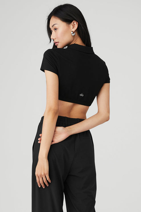 alo Women's Cropped Prestige Polo - Black