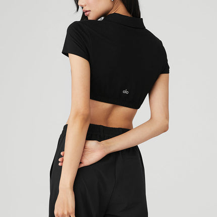 alo Women's Cropped Prestige Polo - Black