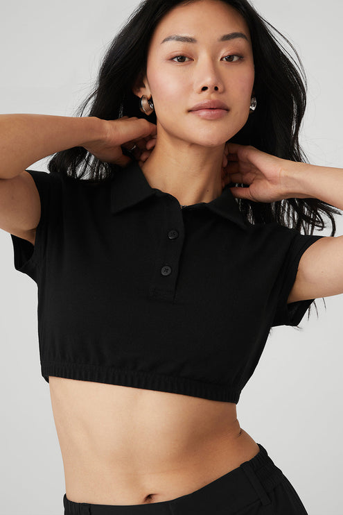 alo Women's Cropped Prestige Polo - Black