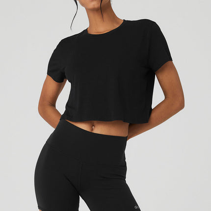 alo Women's Cropped All Day Short Sleeve - Black
