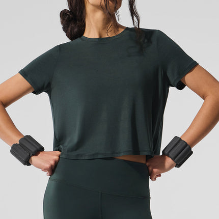 alo Women's Cropped All Day Short Sleeve - Charcoal Green