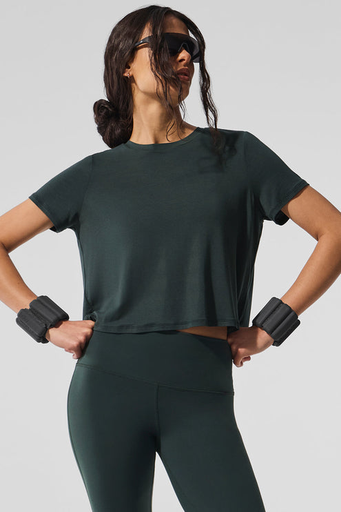 alo Women's Cropped All Day Short Sleeve - Charcoal Green