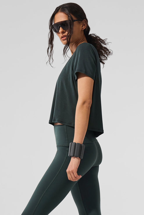 alo Women's Cropped All Day Short Sleeve - Charcoal Green
