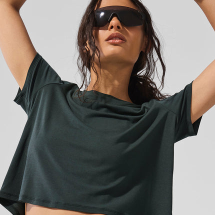 alo Women's Cropped All Day Short Sleeve - Charcoal Green