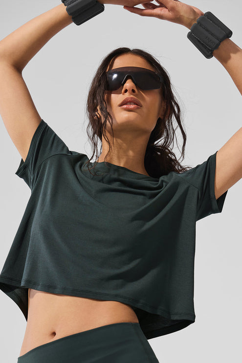 alo Women's Cropped All Day Short Sleeve - Charcoal Green