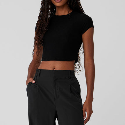 alo Women's Ribbed Sea Coast Cropped Short Sleeve Tee - Black