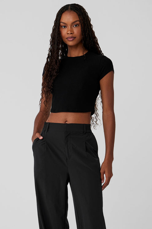 alo Women's Ribbed Sea Coast Cropped Short Sleeve Tee - Black