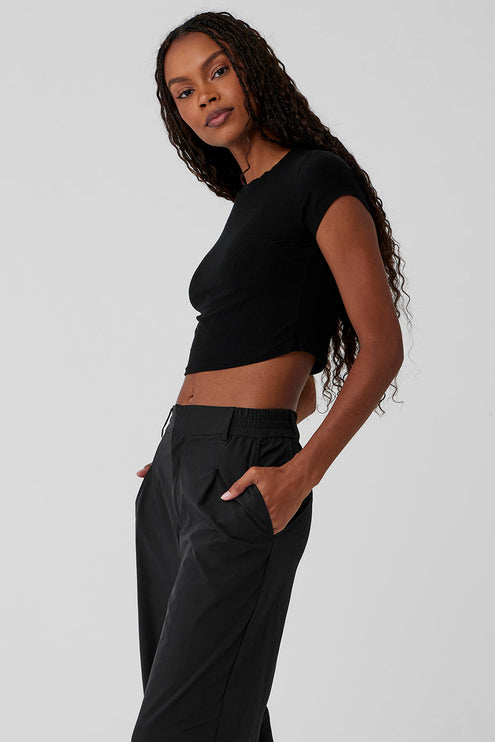 alo Women's Ribbed Sea Coast Cropped Short Sleeve Tee - Black