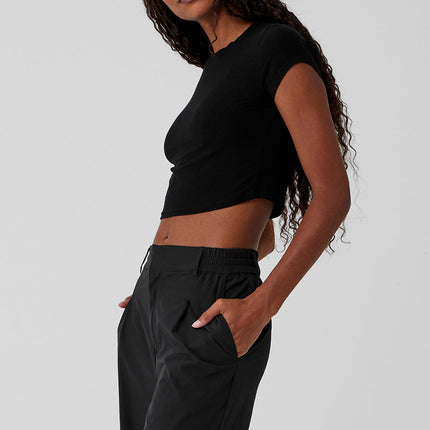 alo Women's Ribbed Sea Coast Cropped Short Sleeve Tee - Black
