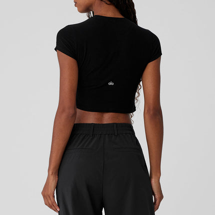 alo Women's Ribbed Sea Coast Cropped Short Sleeve Tee - Black