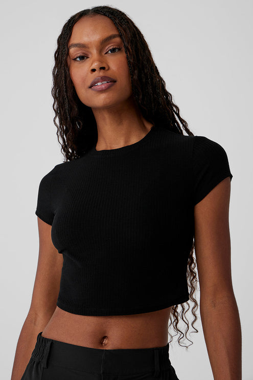 alo Women's Ribbed Sea Coast Cropped Short Sleeve Tee - Black