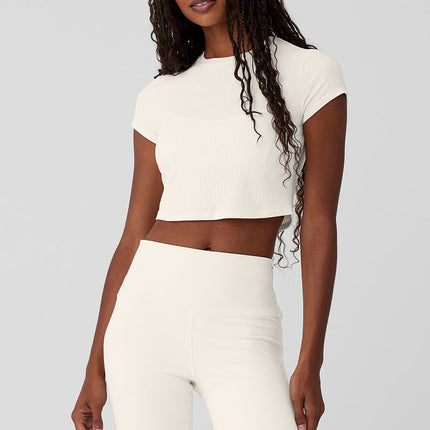 alo Women's Ribbed Sea Coast Cropped Short Sleeve Tee - Ivory