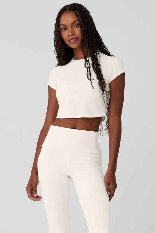alo Women's Ribbed Sea Coast Cropped Short Sleeve Tee - Ivory