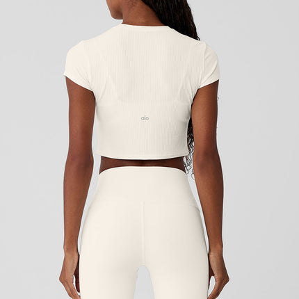 alo Women's Ribbed Sea Coast Cropped Short Sleeve Tee - Ivory