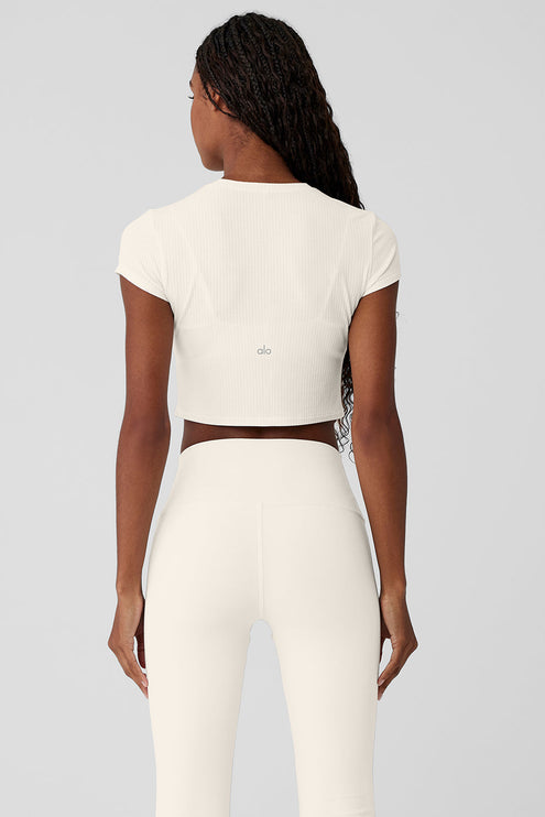 alo Women's Ribbed Sea Coast Cropped Short Sleeve Tee - Ivory