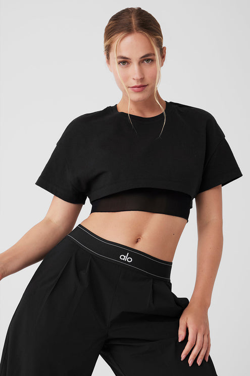 alo Women's Made You Look Cropped Short Sleeve Tee - Black