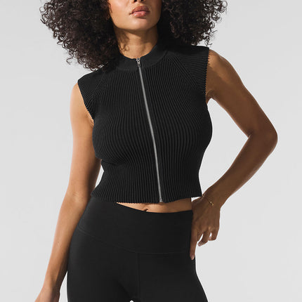 alo Women's Denim Knit Sleeveless Full Zip Top - Black/Anthracite