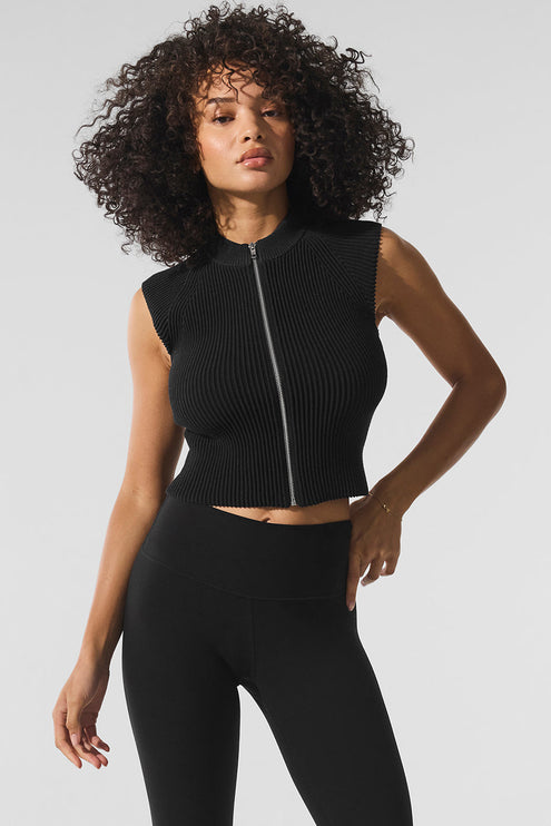 alo Women's Denim Knit Sleeveless Full Zip Top - Black/Anthracite