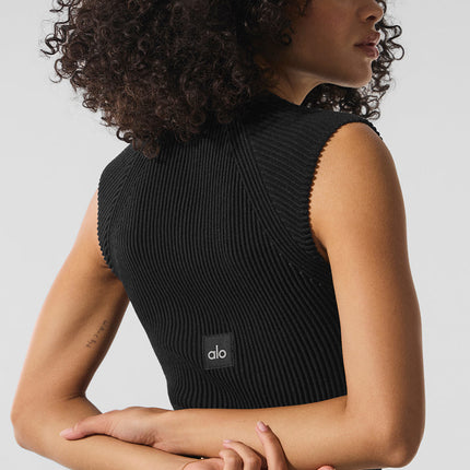 alo Women's Denim Knit Sleeveless Full Zip Top - Black/Anthracite