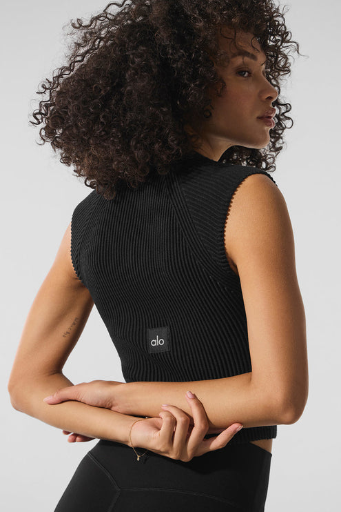 alo Women's Denim Knit Sleeveless Full Zip Top - Black/Anthracite