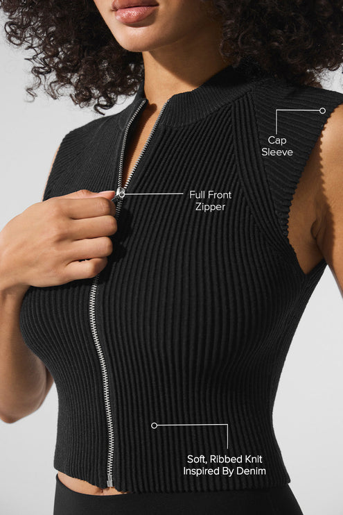 alo Women's Denim Knit Sleeveless Full Zip Top - Black/Anthracite