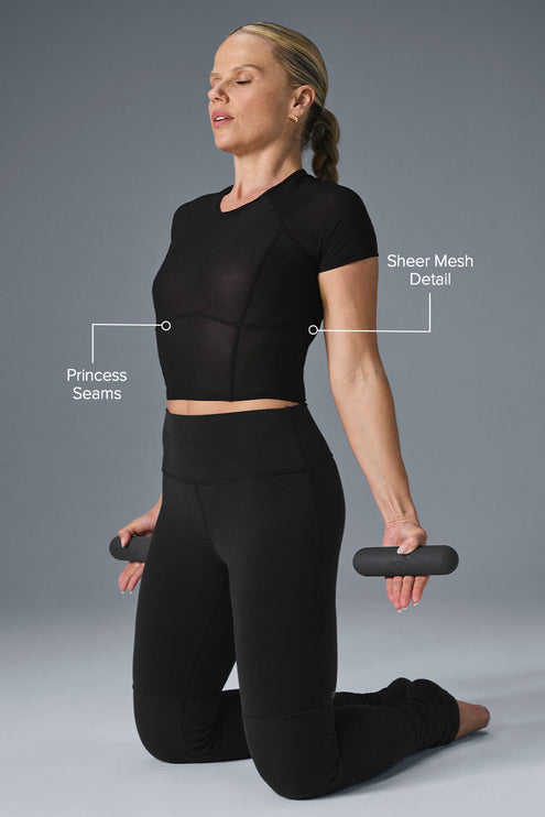 alo Women's Mesh Cropped Tempo Short Sleeve - Black