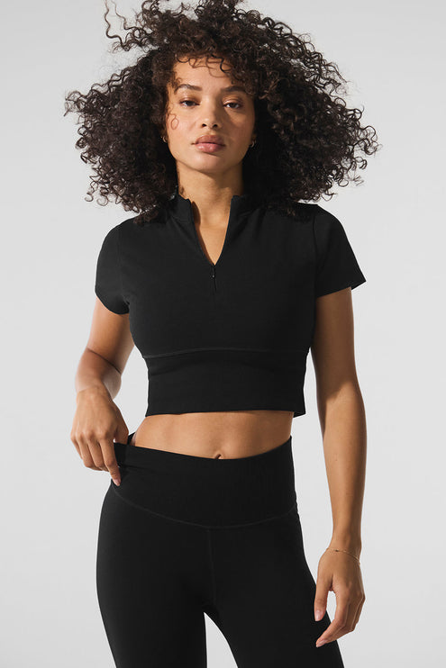 alo Women's Seamless Winter Warm Plush Cropped Short Sleeve - Black