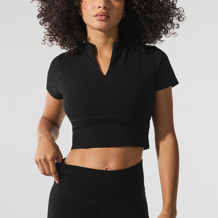 alo Women's Seamless Winter Warm Plush Cropped Short Sleeve - Black