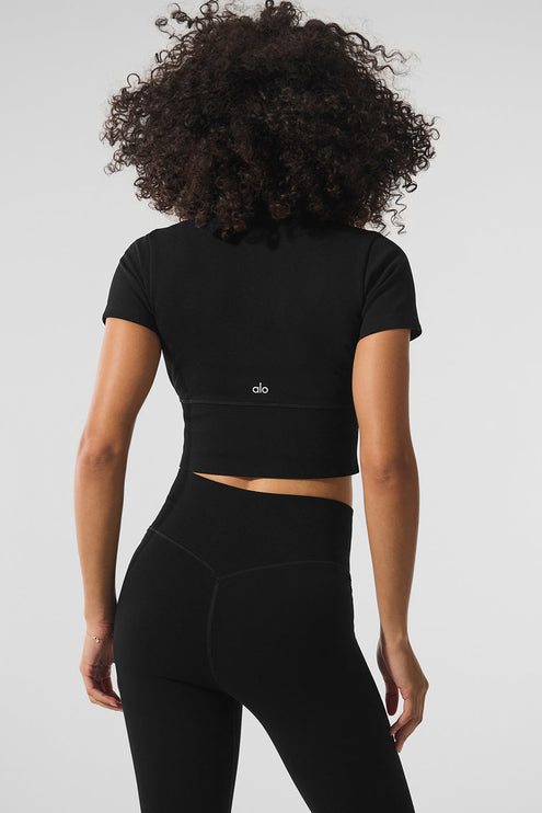 alo Women's Seamless Winter Warm Plush Cropped Short Sleeve - Black