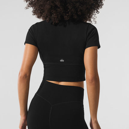 alo Women's Seamless Winter Warm Plush Cropped Short Sleeve - Black