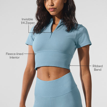 alo Women's Seamless Winter Warm Plush Cropped Short Sleeve - Celestial Blue