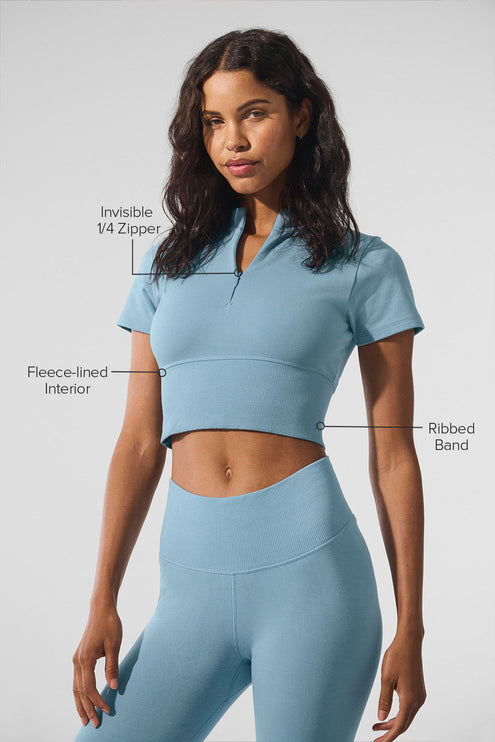 alo Women's Seamless Winter Warm Plush Cropped Short Sleeve - Celestial Blue