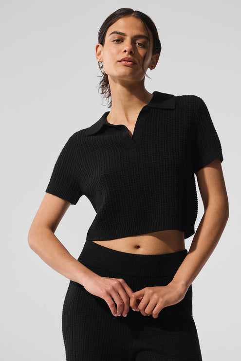 alo Women's Cashmere Plush Waffle Polo Tee - Black