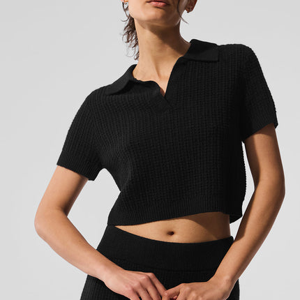 alo Women's Cashmere Plush Waffle Polo Tee - Black