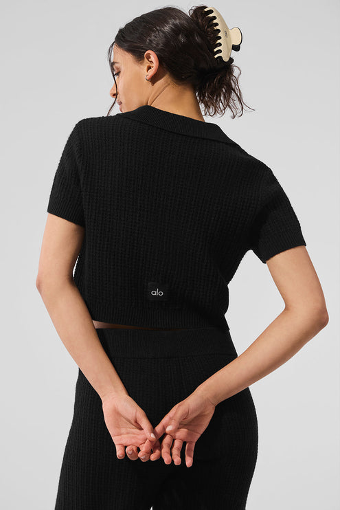 alo Women's Cashmere Plush Waffle Polo Tee - Black