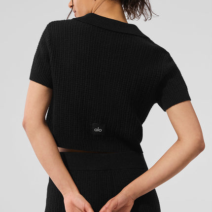 alo Women's Cashmere Plush Waffle Polo Tee - Black
