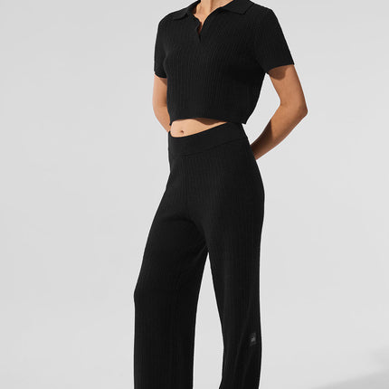 alo Women's Cashmere Plush Waffle Polo Tee - Black