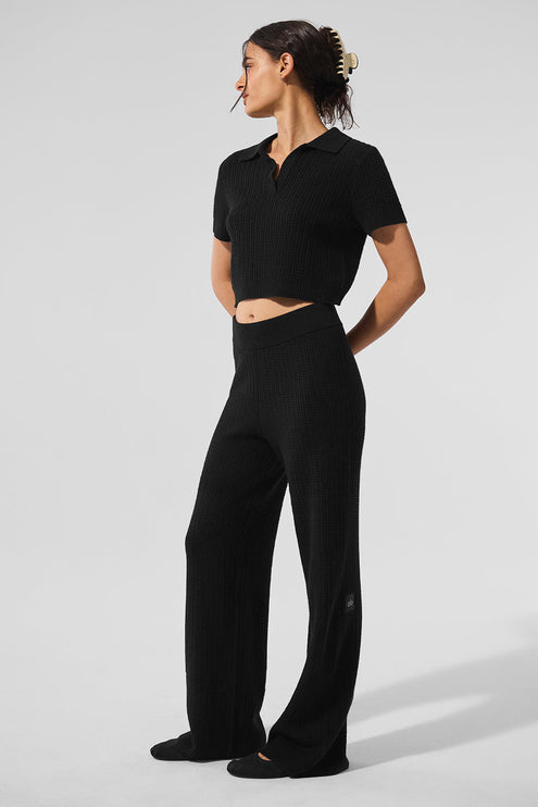 alo Women's Cashmere Plush Waffle Polo Tee - Black