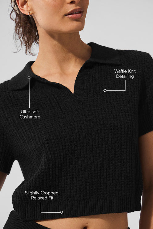 alo Women's Cashmere Plush Waffle Polo Tee - Black